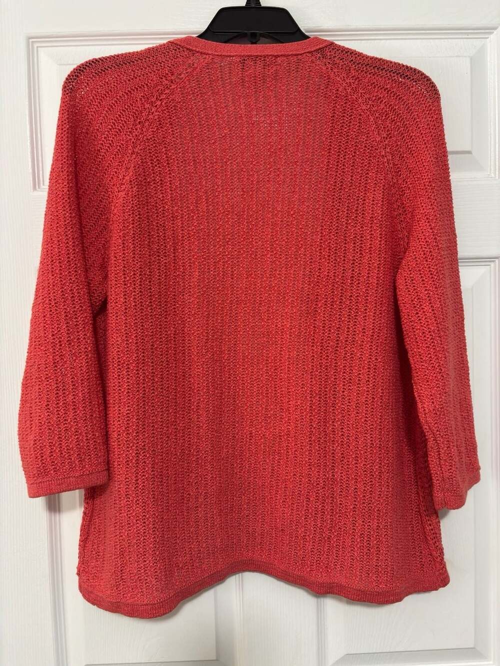 Coldwater Creek Open-Front Crochet Knit Cardigan in Coral - Picture 3 of 5
